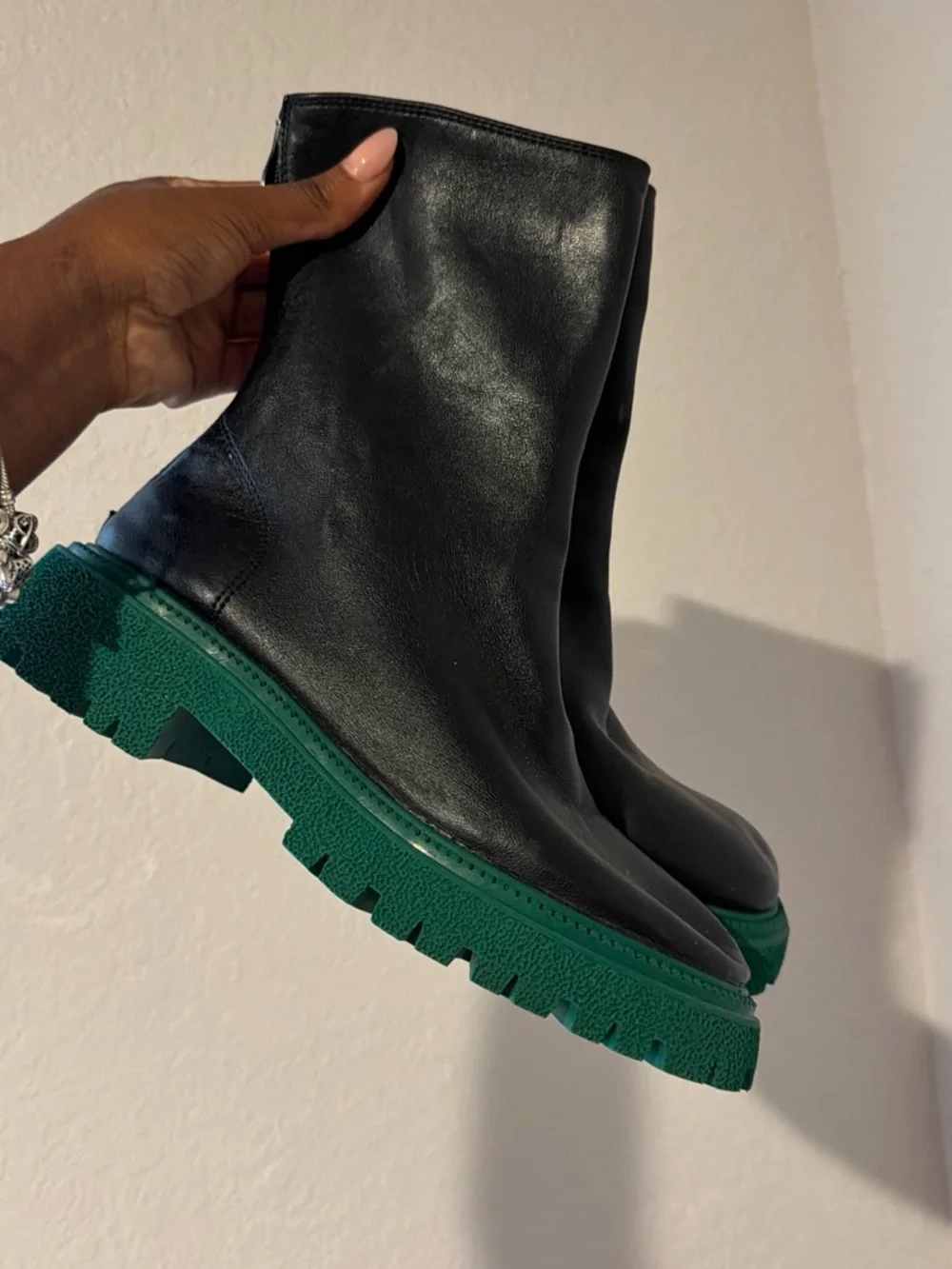 Black Leather Ankle Boots with Green Lug Sole